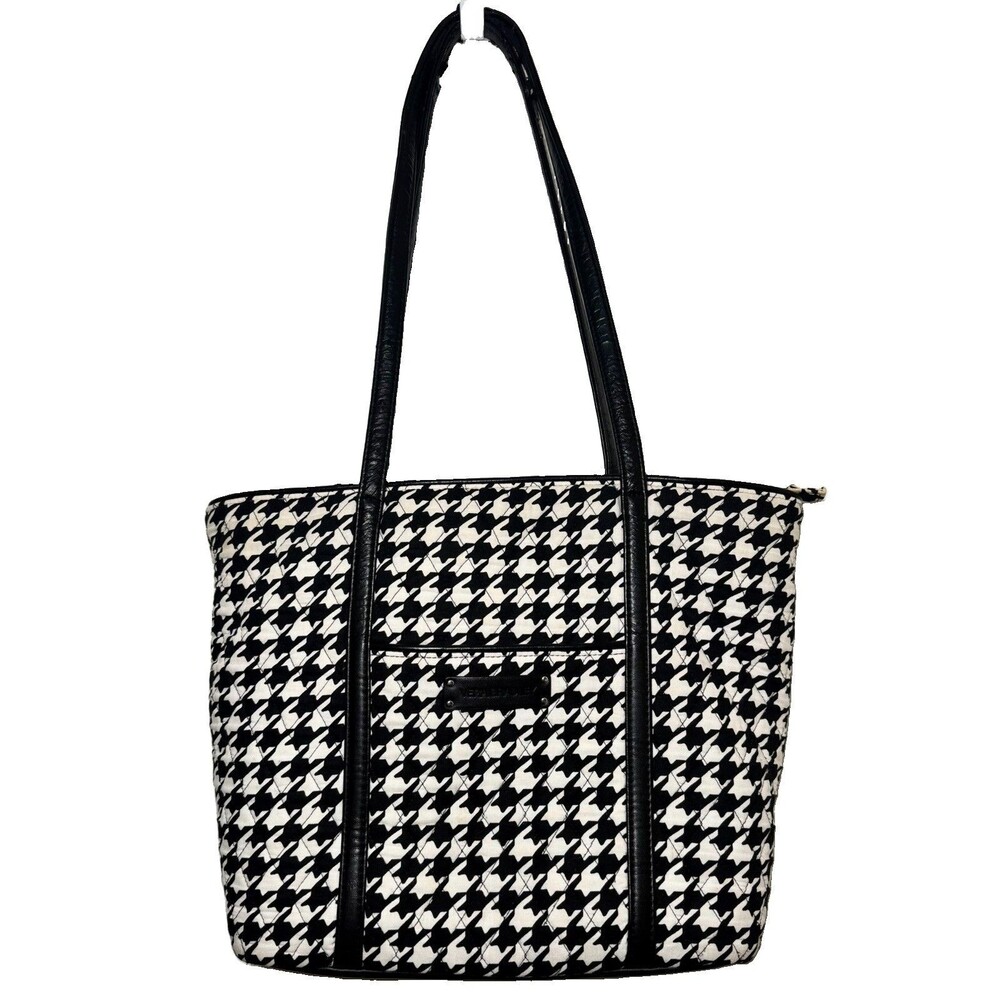Vera Bradley Houndstooth Quilted Tote Black White Zip Shoulder Bag READ